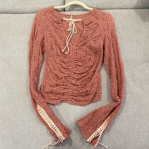 Free People Textured Lace-Up Long Sleeve Top - Rose